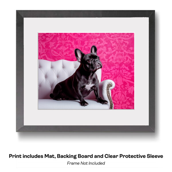 Black French Bulldog on Pink Couch art print