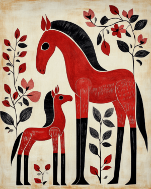 Folk Art Mother and Baby Horse