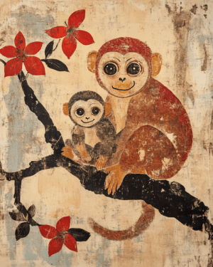 Vintage Style Monkey Baby with Mother