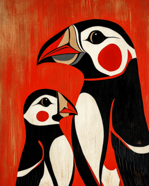 Folk Art Puffin Baby and Mother