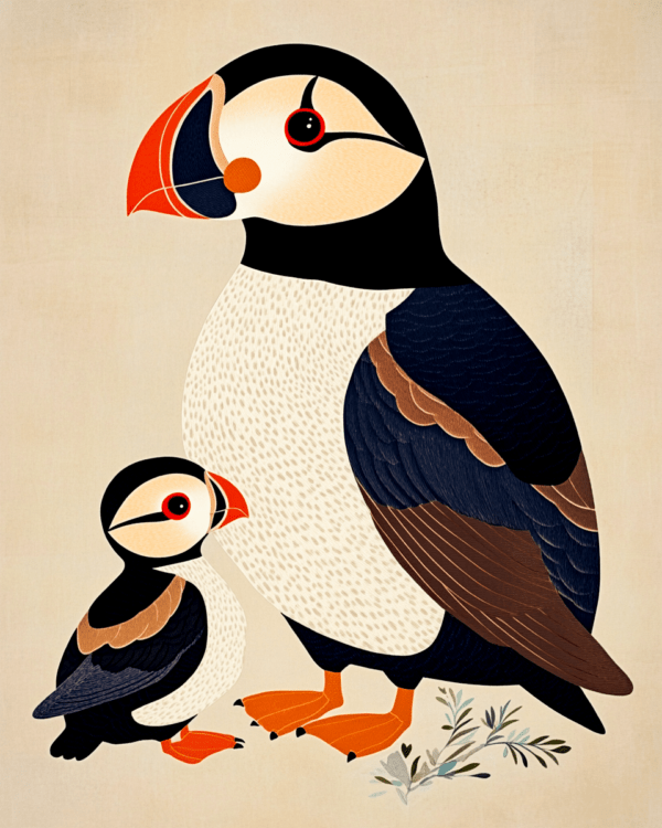 Minimalist Puffin Baby with Mom