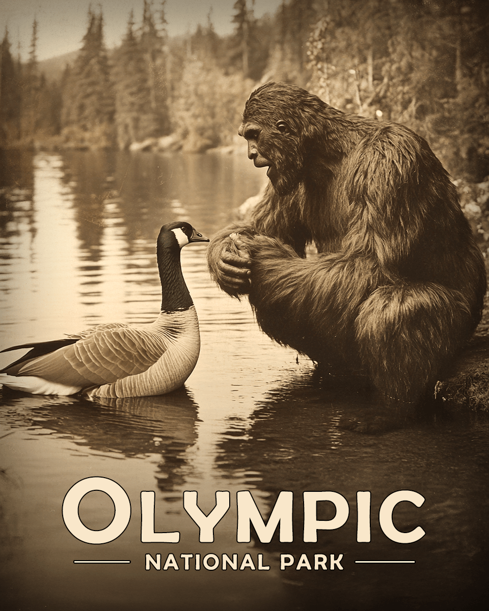 Olympic National Park - Bigfoot Talking to Canadian Goose Art