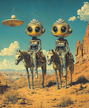 Alien Space Cowgirls Posing on Horseback in the Desert