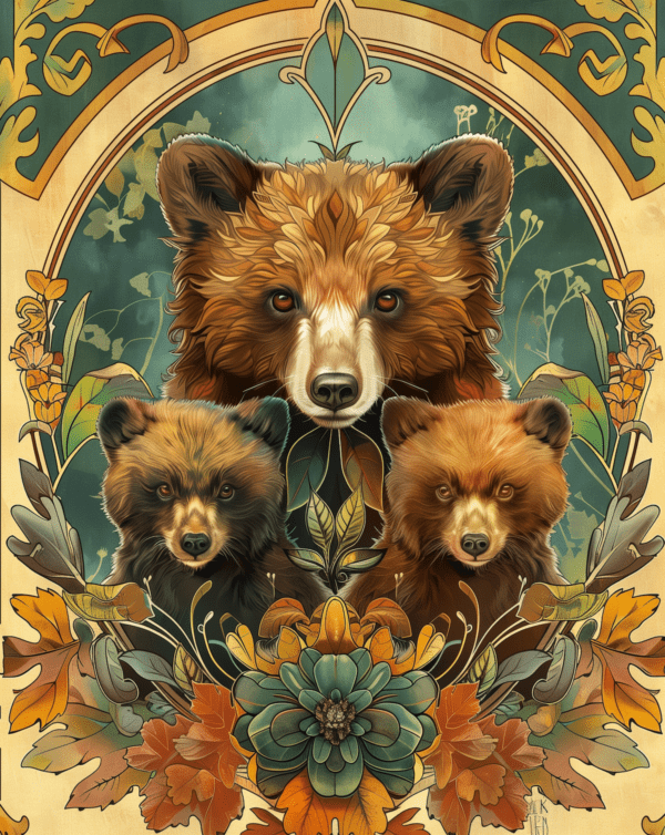 Art Nouveau Bear and Cubs ART PRINT