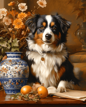 Australian Shepherd by Vase