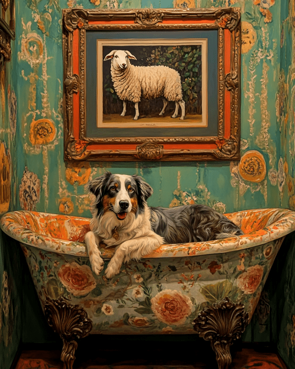 Australian Shepherd in Bathtub with Sheep Art