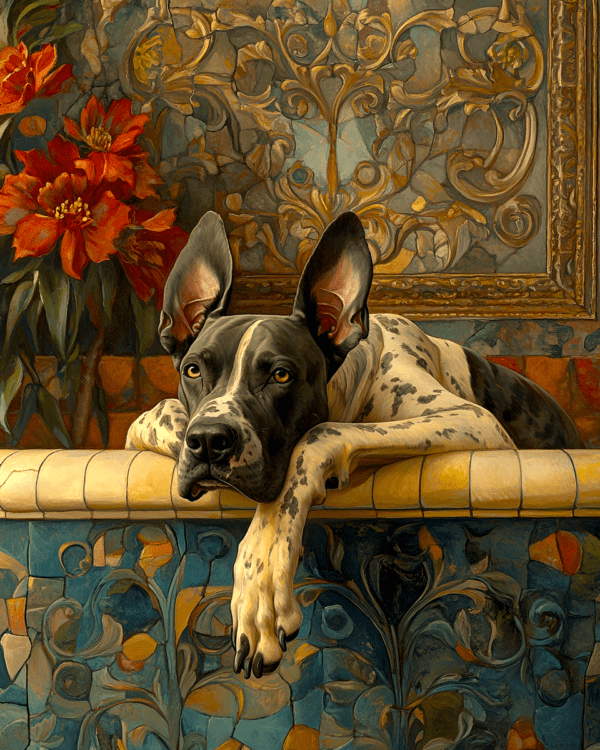 Harlequin Great Dane in Bathtub