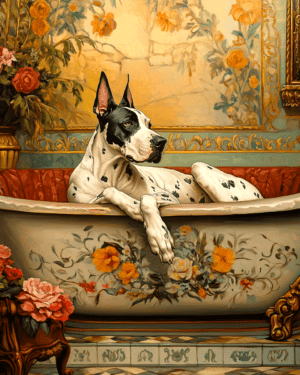 Great Dane in Bathtub