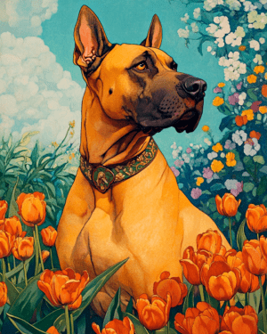 Great Dane Among Tulips