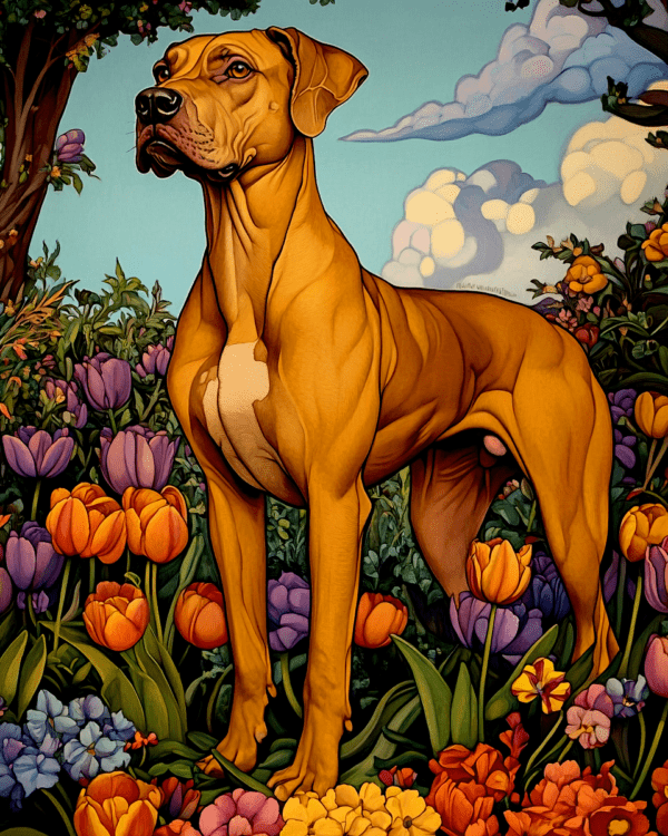 Great Dane in Tulip Garden