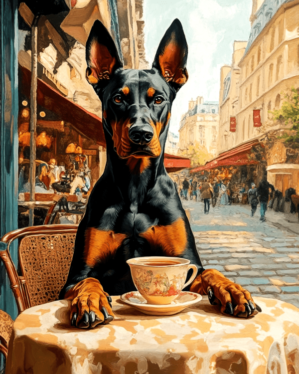 Doberman Pinscher Having Tea