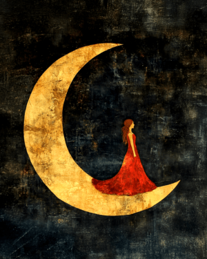 Lady in Red Dress Standing on Crescent Moon