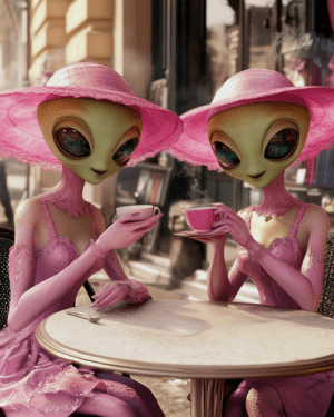 Two Aliens in Pink Having Tea