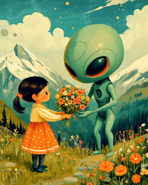 Little Girl Gives a Gift to an Alien