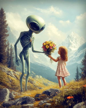 Little Girl Giving a Bouquet to an Extraterrestrial