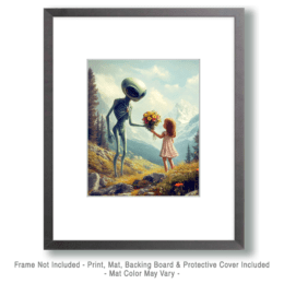 Little Girl Giving a Bouquet to an Extraterrestrial Art