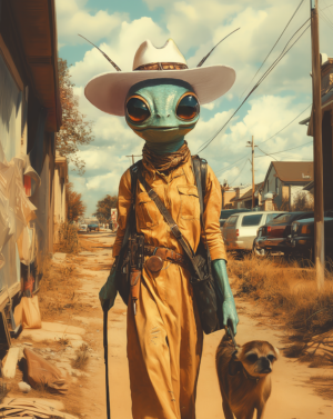 Alien Space Cowgirl Walking Dog in Roswell Art Print