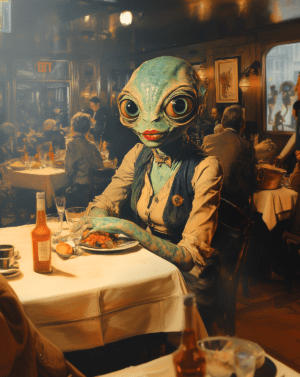 Alien Space Cowgirl in a Michelin Star Restaurant art print