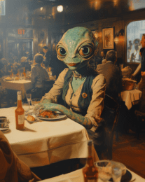 Alien Space Cowgirl in a Michelin Star Restaurant Art Print