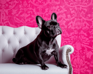 Black French Bulldog on Pink Couch art print