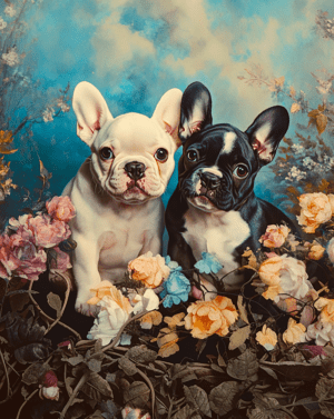 French Bulldogs with Romantic Era Florals art print