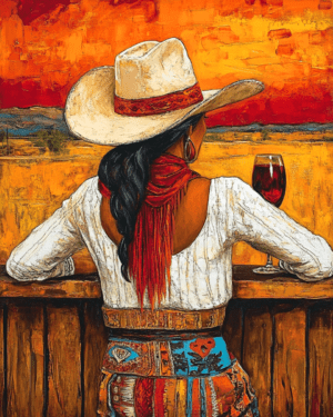 Southwest Cowgirl Enjoying Sunset with Vino