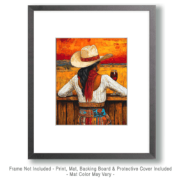 Southwest Cowgirl Enjoying Sunset with Vino Art