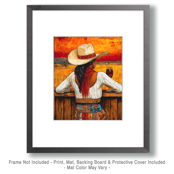 Southwest Cowgirl Enjoying Sunset with Vino Art