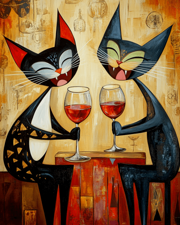 Black Cats Laugh Over Glasses of Vino