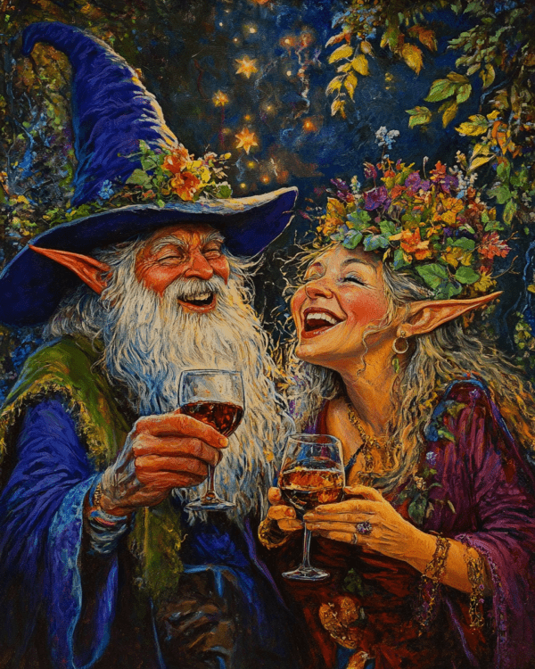 Wizard and Fae Laugh Over Glasses of Vino