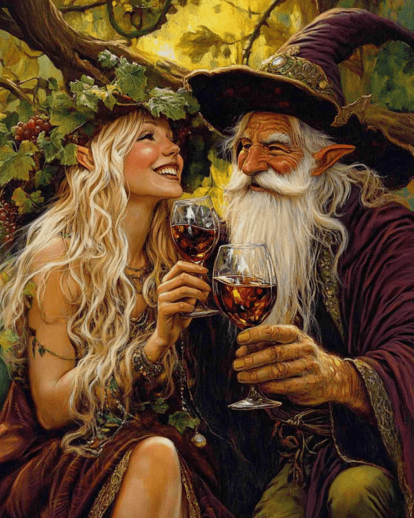 Fairy and Wizard Laugh Over Glasses of Vino