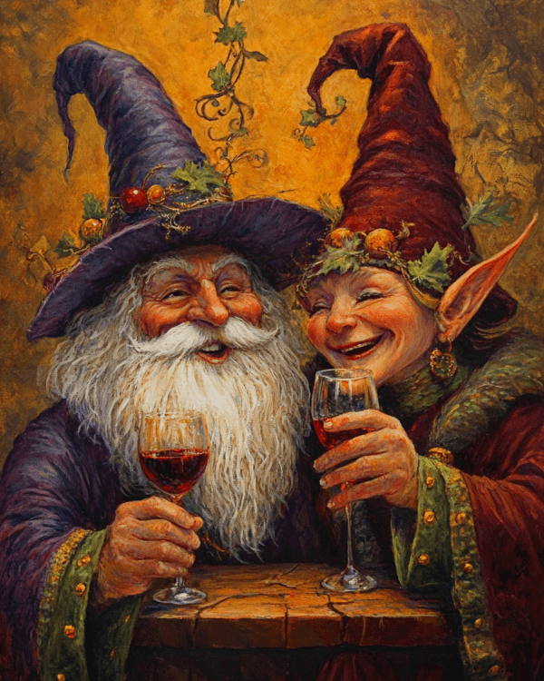 Wizard and Pixie Laugh Over Glasses of Vino