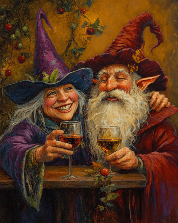 Wizard and Witch Laugh Over Glasses of Vino