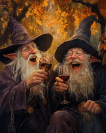 Two Wizards Laugh Over Glasses of Vino