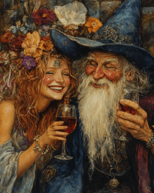 Wizard and Sprite Laugh Over Glasses of Vino