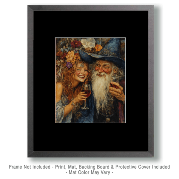 Wizard and Sprite Laugh Over Glasses of Vino Art