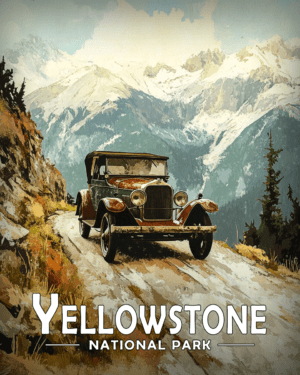 Yellowstone National Park - Vintage Car on Mountain Road