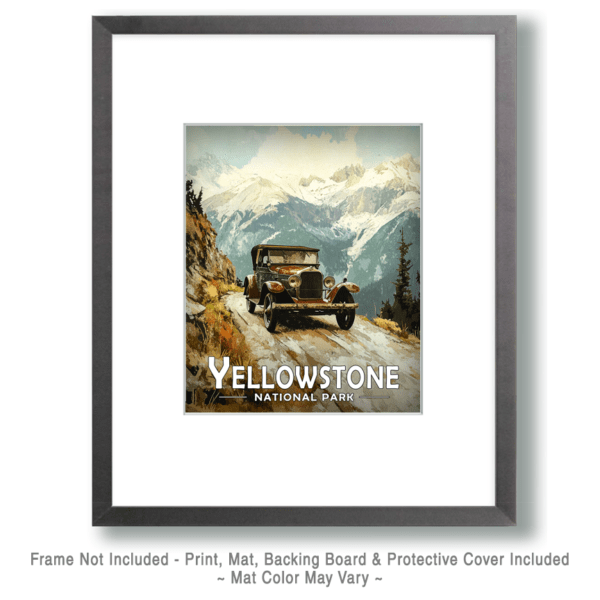 Yellowstone National Park - Vintage Car on Mountain Road Art