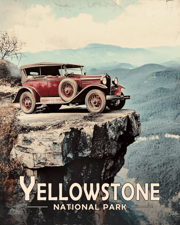 Yellowstone National Park - Vintage Auto Cliff View