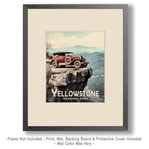 Yellowstone National Park - Vintage Auto Cliff View Art