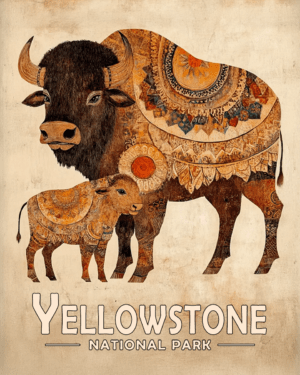 Yellowstone National Park - Stylized Bison and Baby