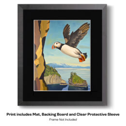 Puffin in Flight Over Islands art print
