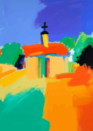 Red Roof Chapel Abstract Impressionism art print