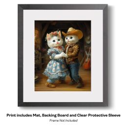 Country Cat Folk - Kitten Couple Barn Dancing the Night Away art print