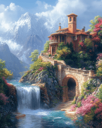 Asian Waterfall and Temple Landscape art print