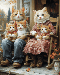 Country Cat Folks - Proud Cat Parents with Kitten Kids art print