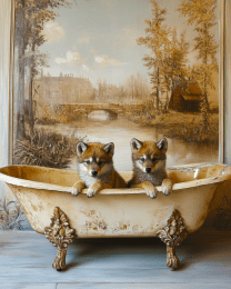 Two Wolf Cubs in an Antique Bathtub
