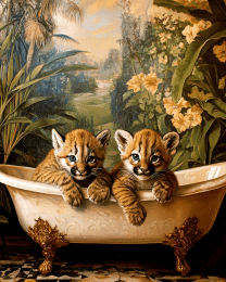 Mountain Lion Babies in an Antique Bathtub