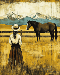 Vintage Cowgirl with Horse on American Prarie