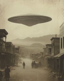 Vintage Flying Saucer Over Old West Town
